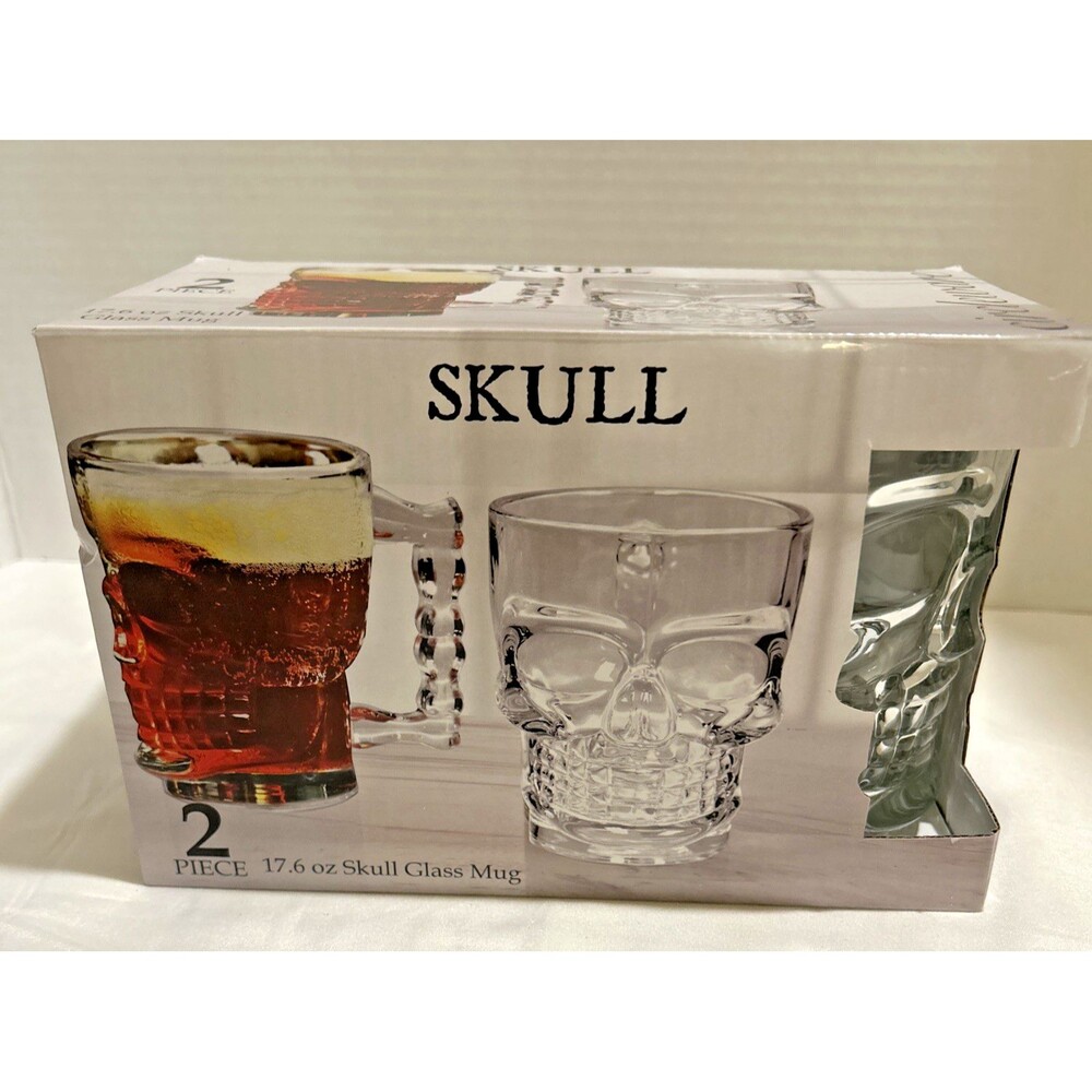 Circleware 17.6 oz Skull Glass Mug Set of 2 Heavy Base Halloween Beer Cups NIB